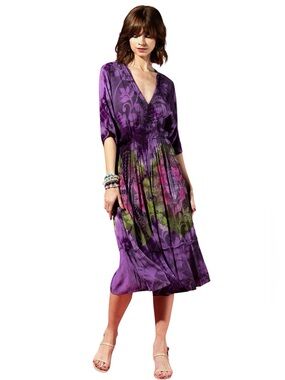 Night Garden Rayon Purple Floral Tie Dye V-Neck Midi Dress